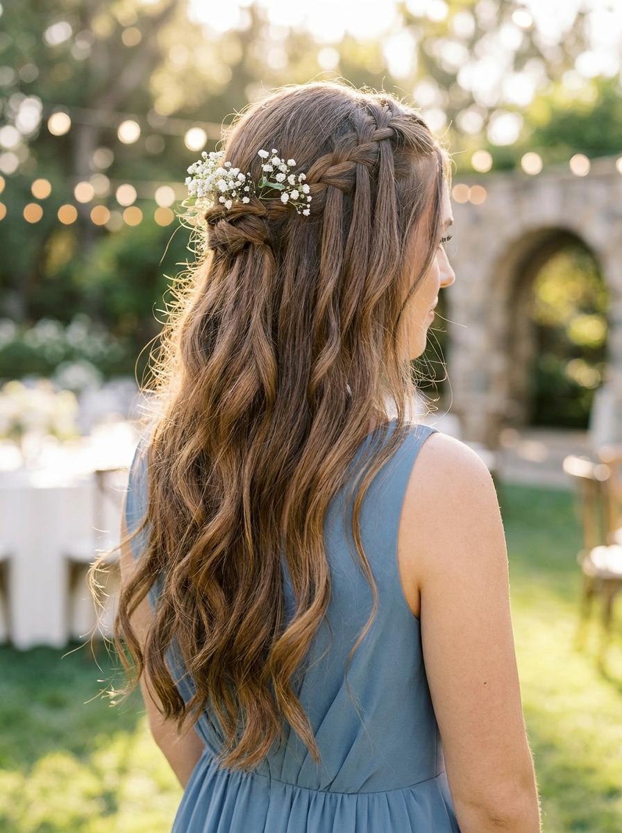 Lange Haare mit Wasserfallzopf - elegante Brautjungfernfrisur